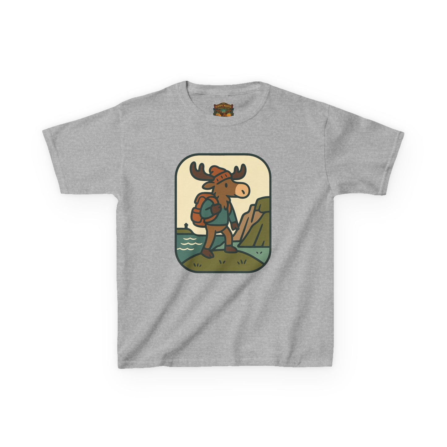 Kids Hiking Moose T‑Shirt — Cute Adventure Backpacker Tee for Boys & Girls