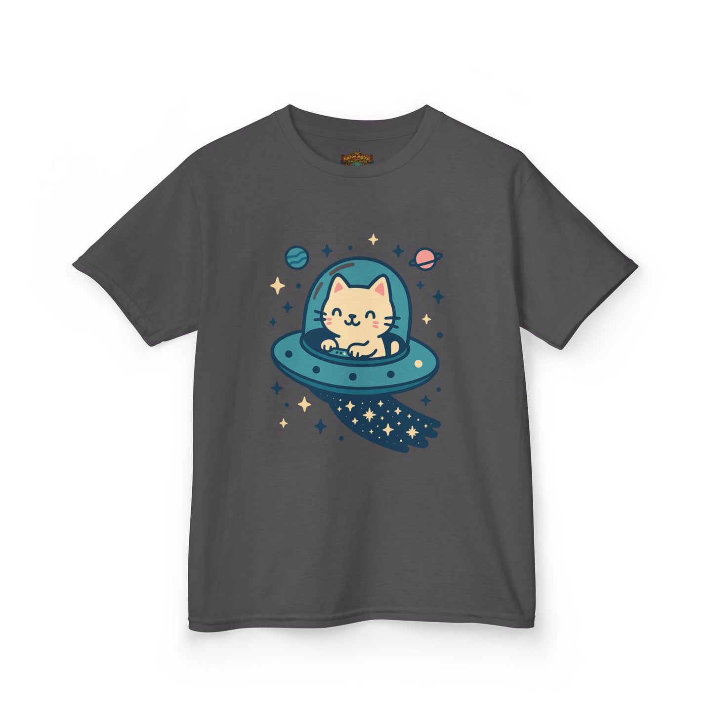 Kids Tee — Cute Cat in UFO Spacecraft Graphic