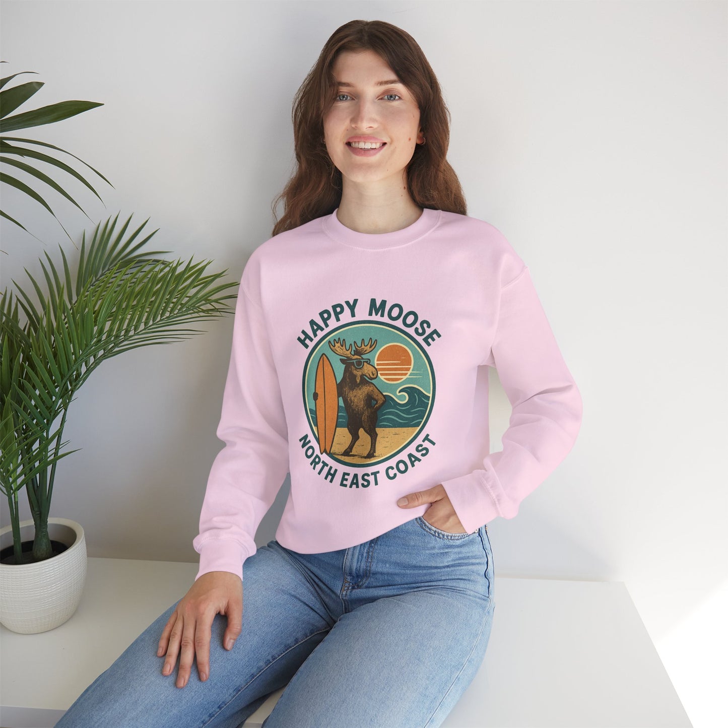 Happy Moose North East Coast Crewneck Sweatshirt — Vintage Surf Moose Graphic