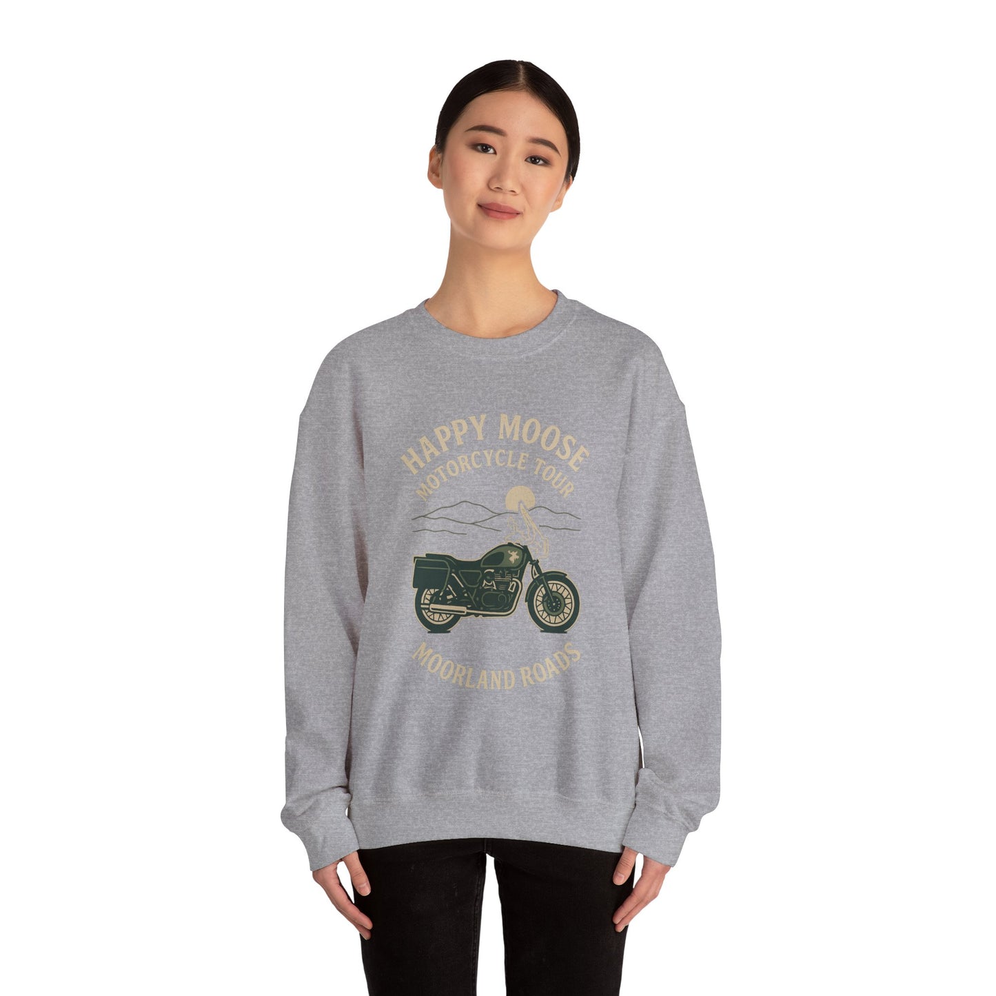 Motorcycle Crewneck Sweatshirt — "Happy Moose Motorcycle Tour" Vintage Bike Graphic