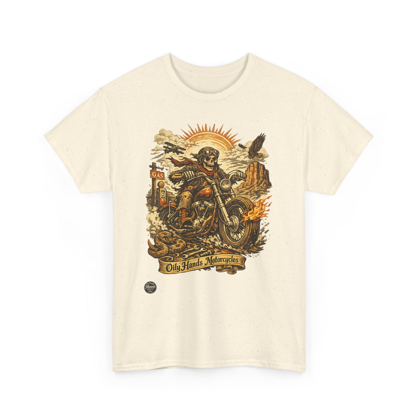 Oily Hands Motorcycle Skull Tee — Old Friends Vintage Biker T-Shirt #015 E