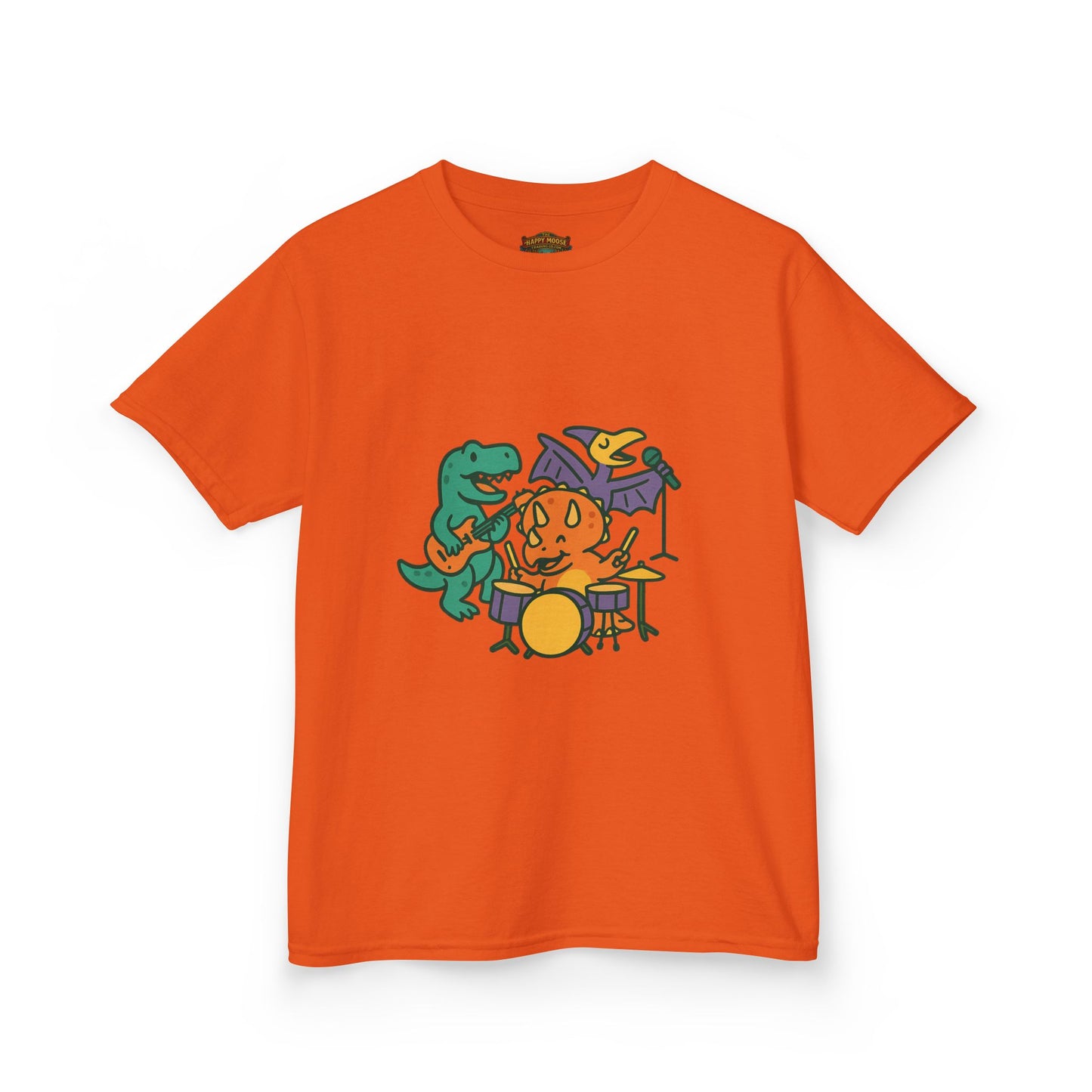 Kids Dino Band T‑Shirt — Cute Cartoon Dinosaur Drummer Tee for Boys & Girls