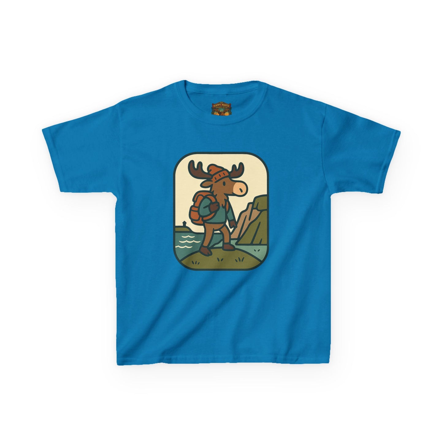 Kids Hiking Moose T‑Shirt — Cute Adventure Backpacker Tee for Boys & Girls