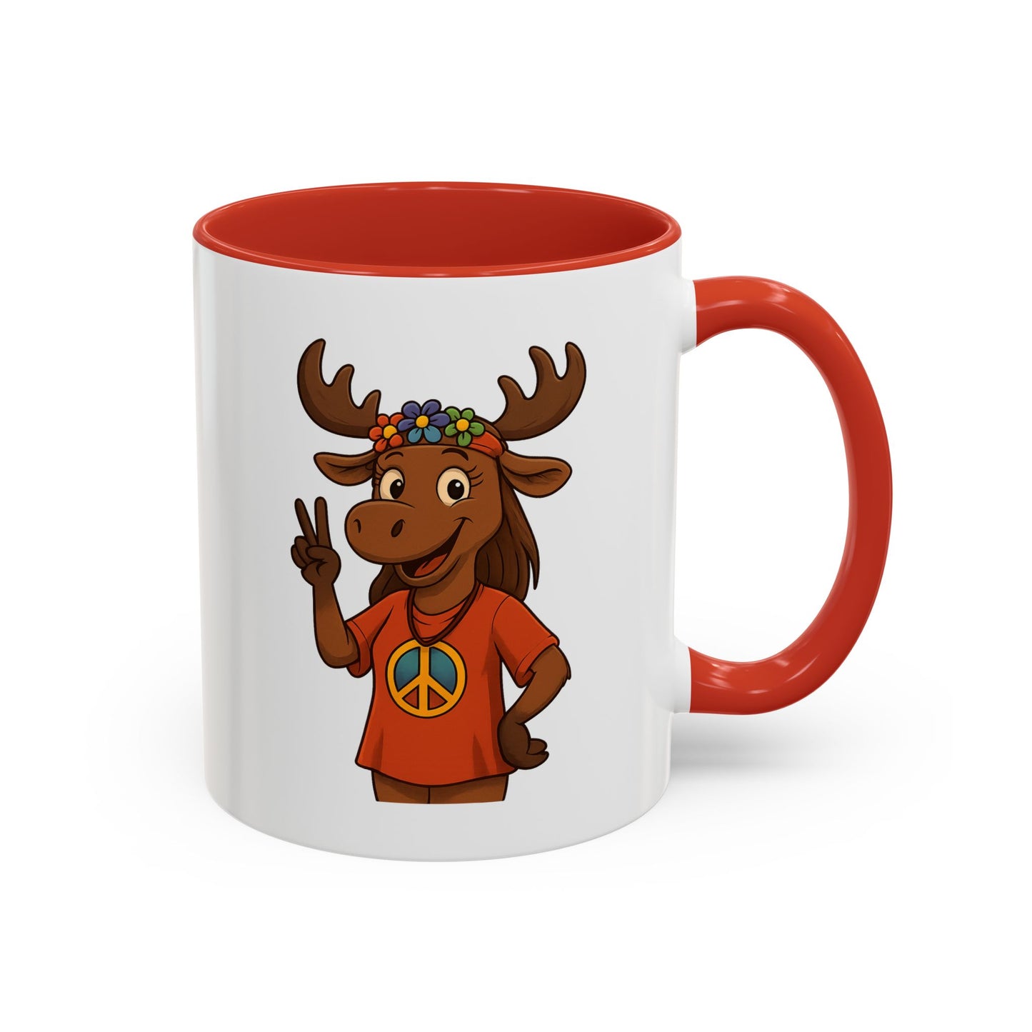 Peace Sign Moose Accent Coffee Mug — Hippie Moose with Flower Crown (11/15oz)