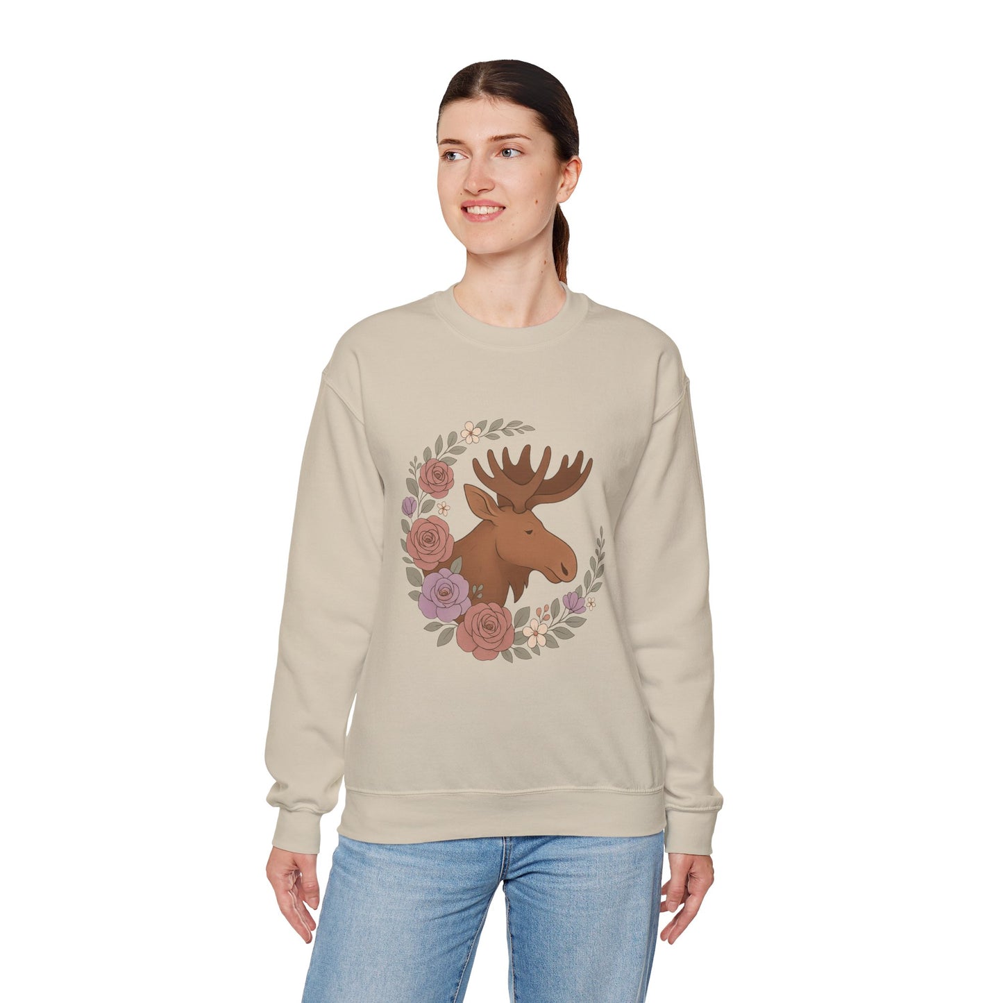 Moose Floral Crewneck Sweatshirt — Rustic Woodland Animal Sweatshirt