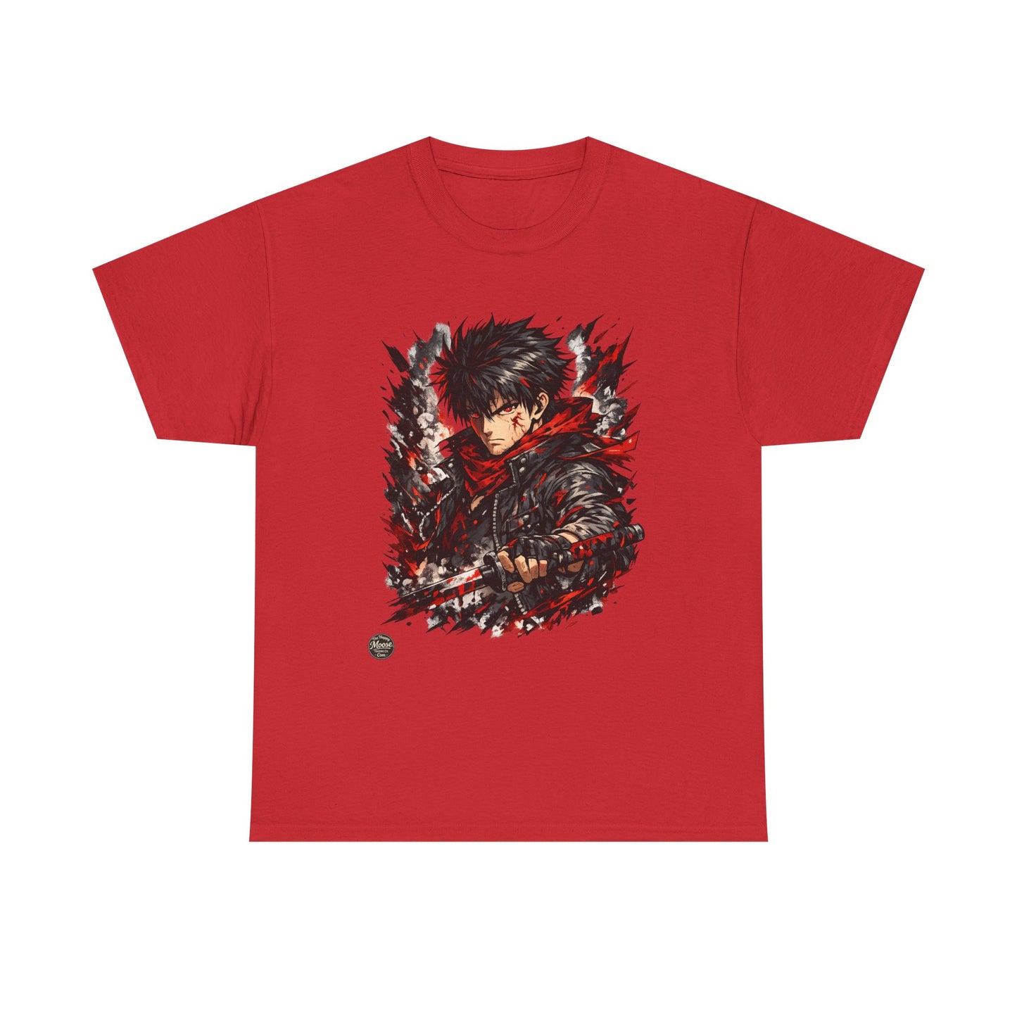 Anime Warrior Graphic Tee — Red Scarf Battle Art T-Shirt #E001