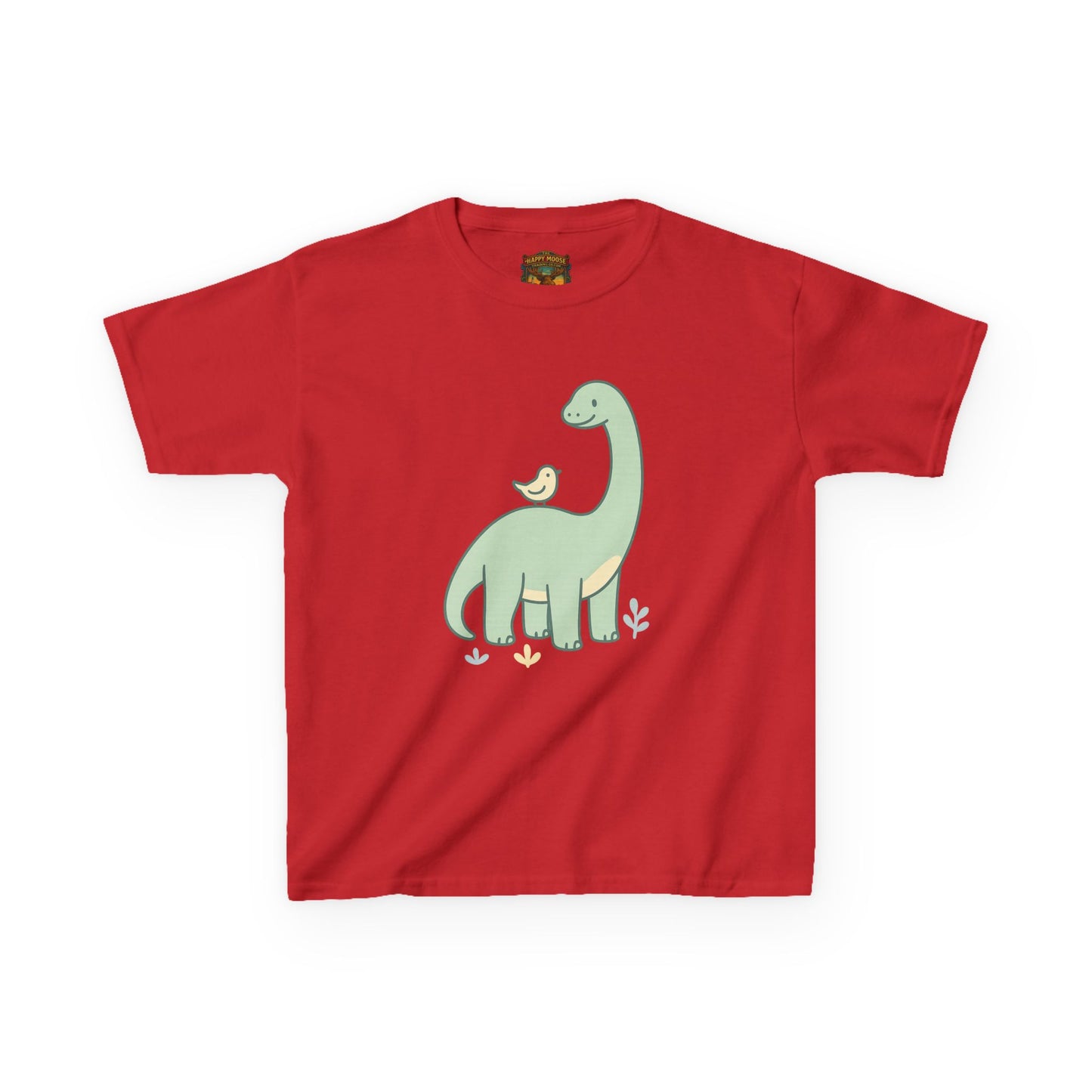 Kids Dino & Bird Tee — Cute Green Brontosaurus Graphic T‑Shirt