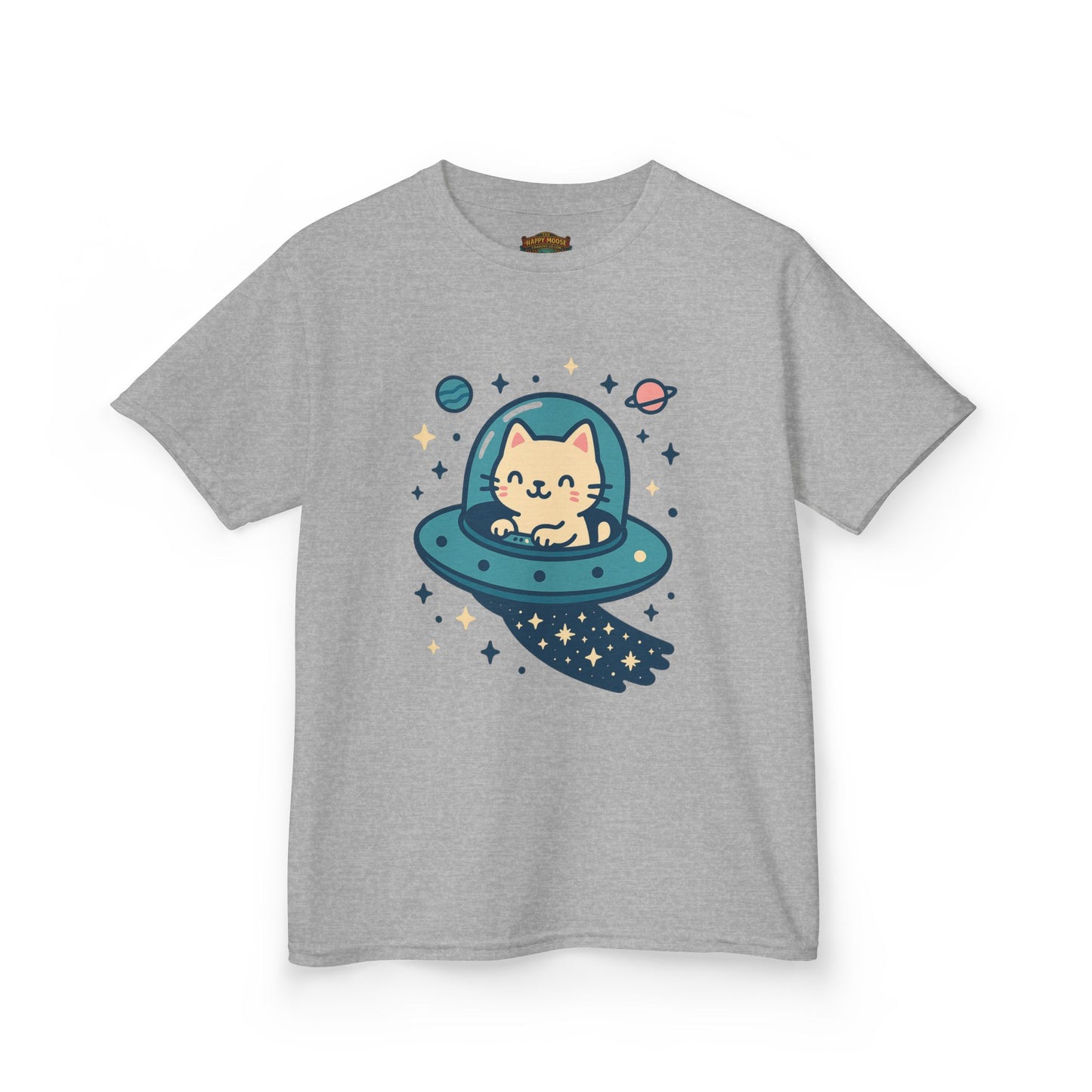 Kids Tee — Cute Cat in UFO Spacecraft Graphic