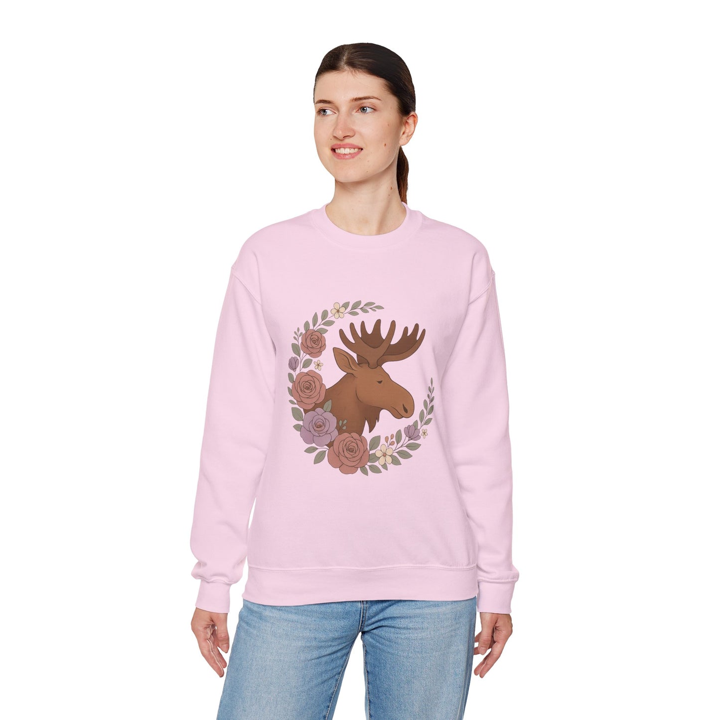 Moose Floral Crewneck Sweatshirt — Rustic Woodland Animal Sweatshirt