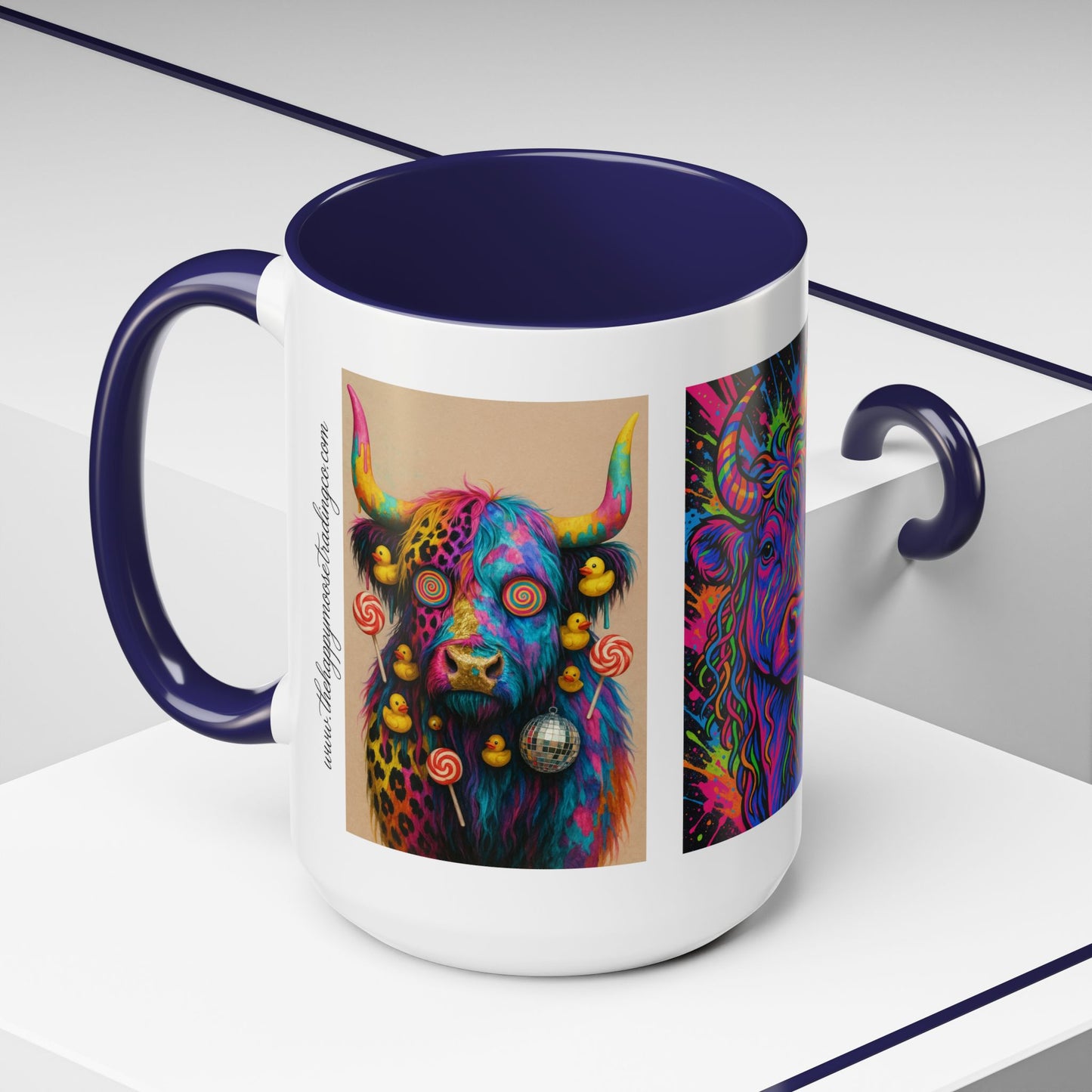 Psychedelic Highland Cow Accent Coffee Mug — Colorful Neon Farm Animal Art (11/15 oz)
