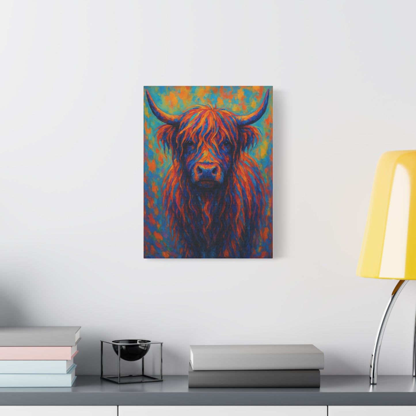 Colorful Highland Cow Matte Canvas Print — Vibrant Rustic Wall Art