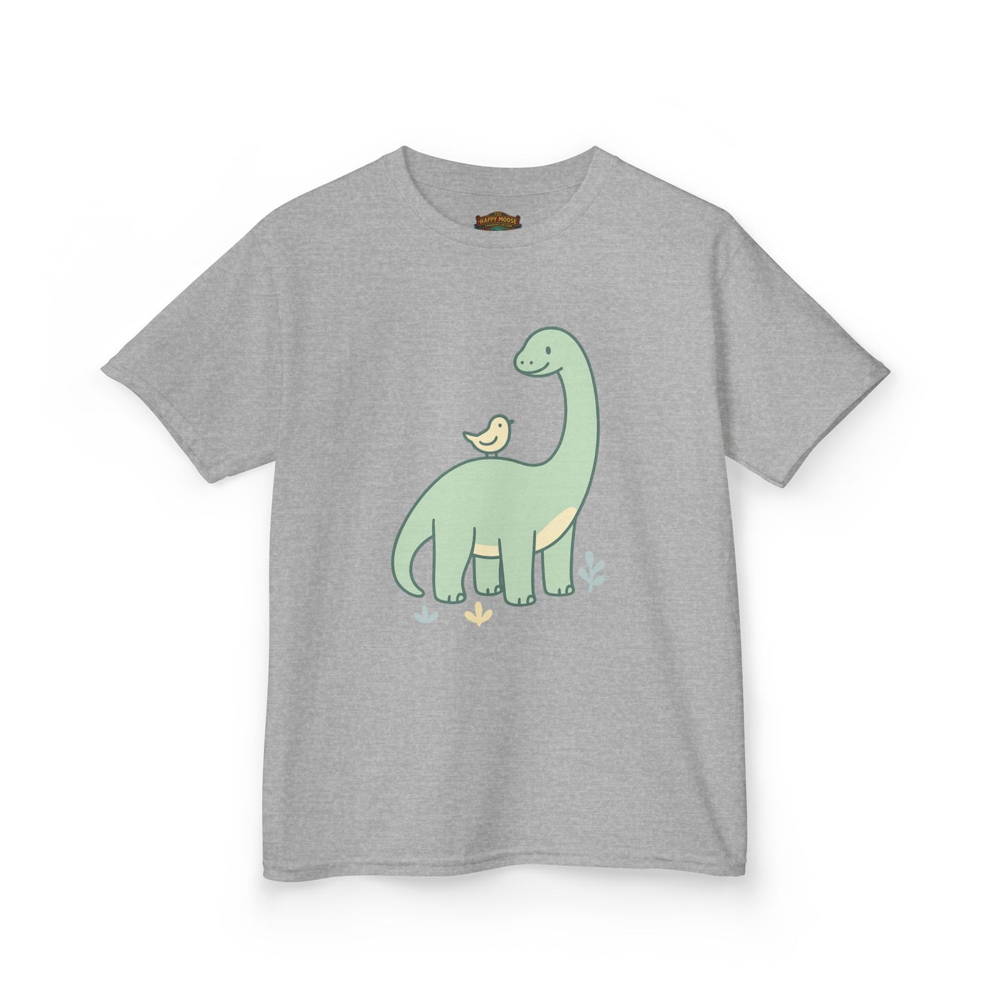 Kids Dino & Bird Tee — Cute Green Brontosaurus Graphic T‑Shirt