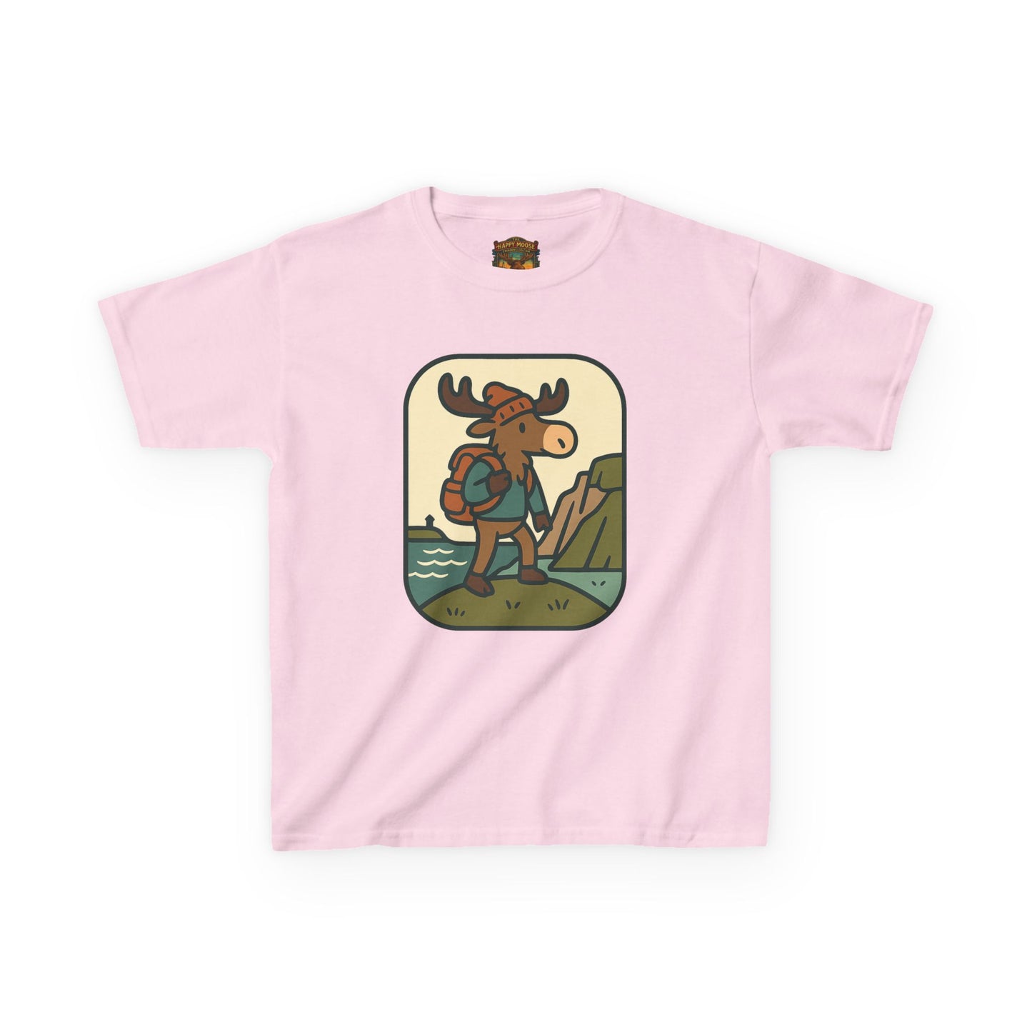 Kids Hiking Moose T‑Shirt — Cute Adventure Backpacker Tee for Boys & Girls