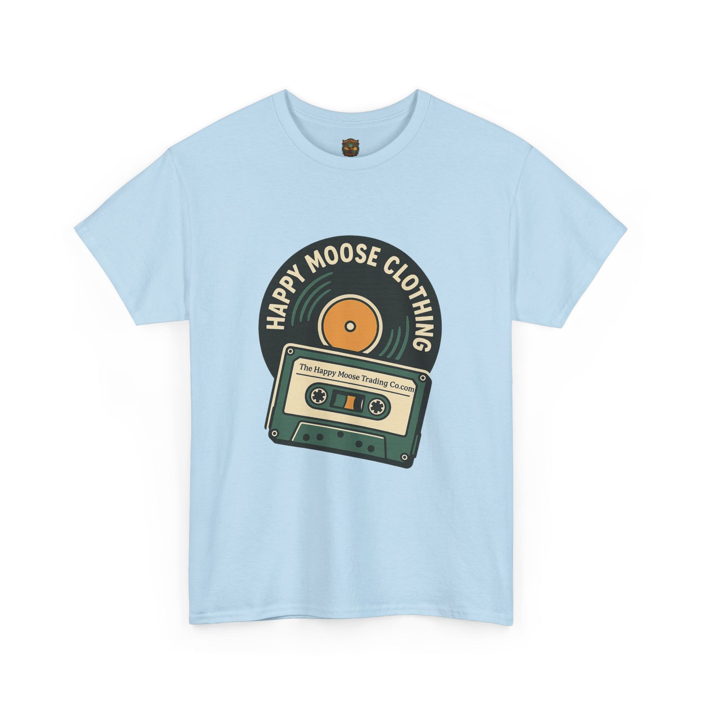 Cassette & Vinyl Retro Tee — “Happy Moose Clothing” Vintage Music Graphic T-Shirt