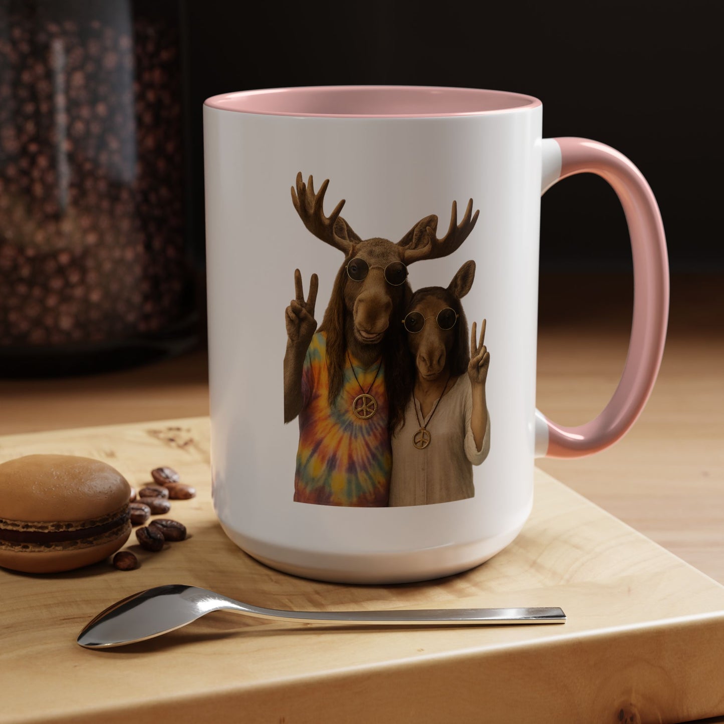 Peaceful Moose Couple Accent Coffee Mug — Hippie Tie-Dye Moose Peace Sign 11/15oz