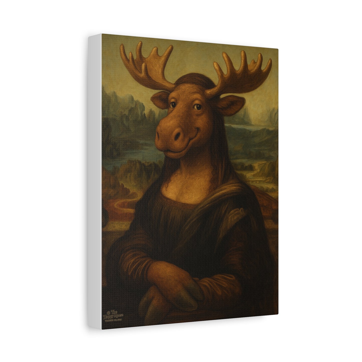Moose Mona Lisa Canvas Print — Whimsical Animal Portrait Wall Art