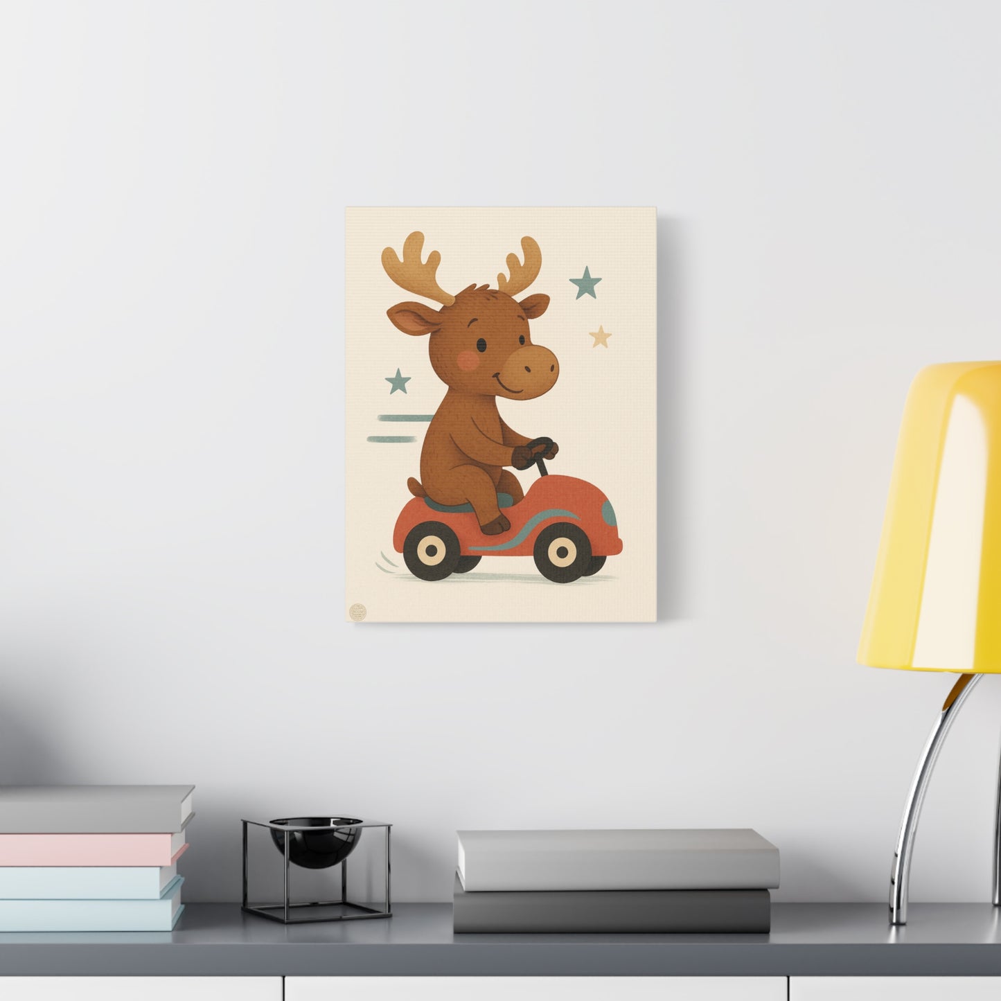 Cute Moose on Red Car Canvas Wall Art – Nursery Kids Decor
