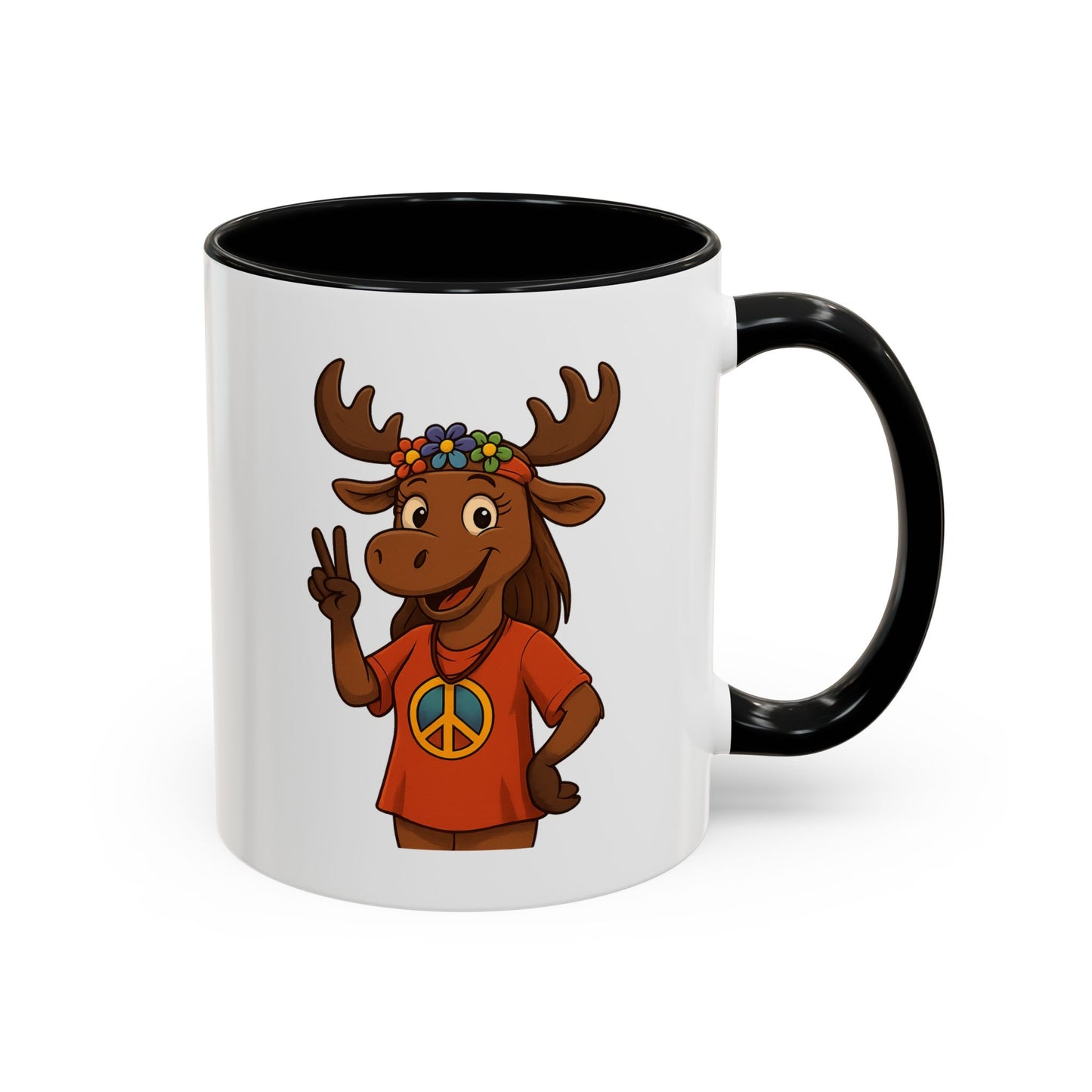 Peace Sign Moose Accent Coffee Mug — Hippie Moose with Flower Crown (11/15oz)