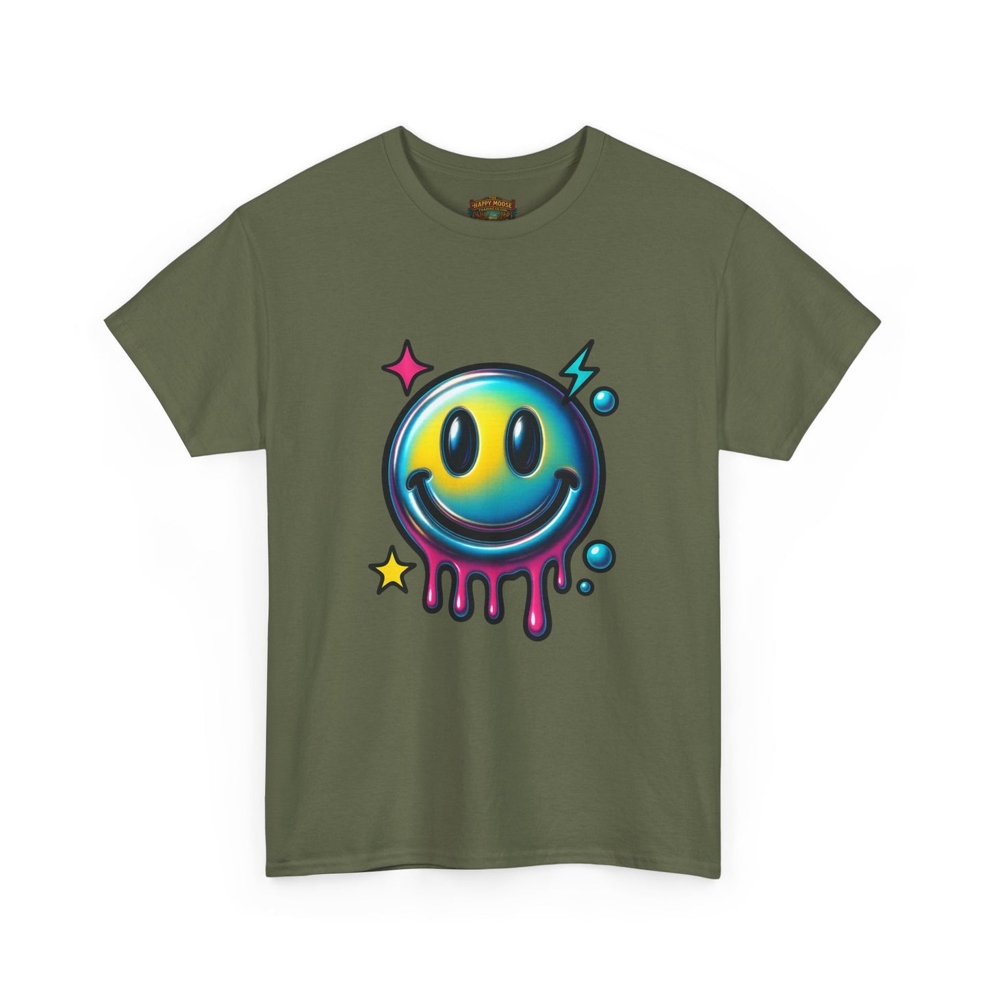 Smiley Drip Graphic Tee — Neon Melting Smiley Face T-Shirt