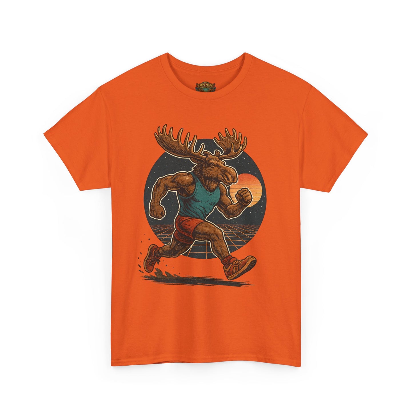Running Moose Graphic Tee - Retro Sunset Jogging Animal Fitness Shirt