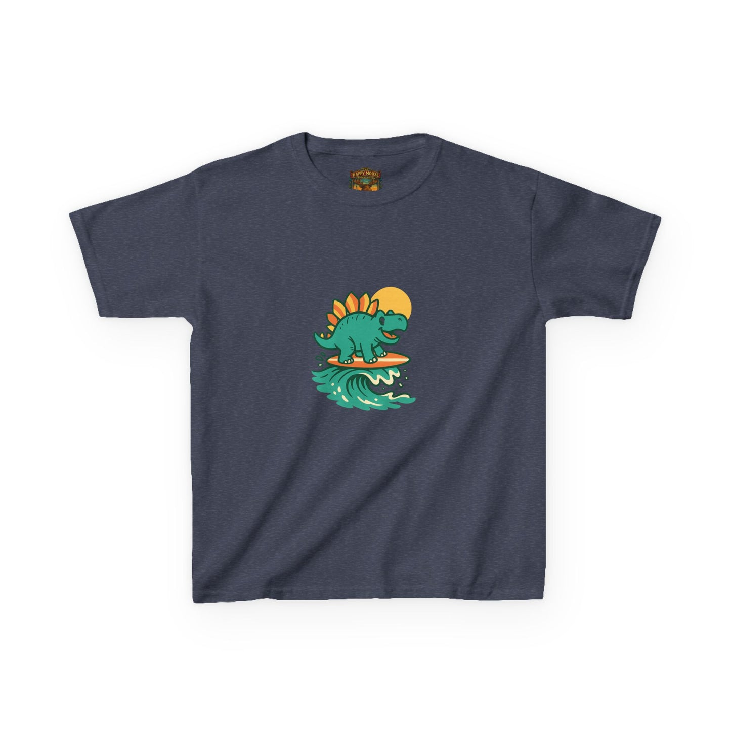 Kids Surfing Dinosaur T-Shirt — Cute Stegosaurus on Wave Graphic Tee