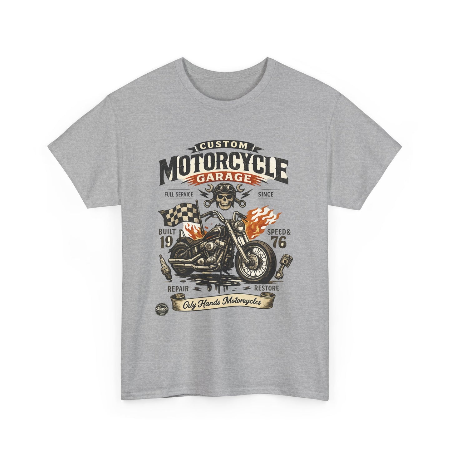 Oily Hands Motorcycle Garage Tee — Vintage Biker Skull & Chopper T-Shirt #021 E