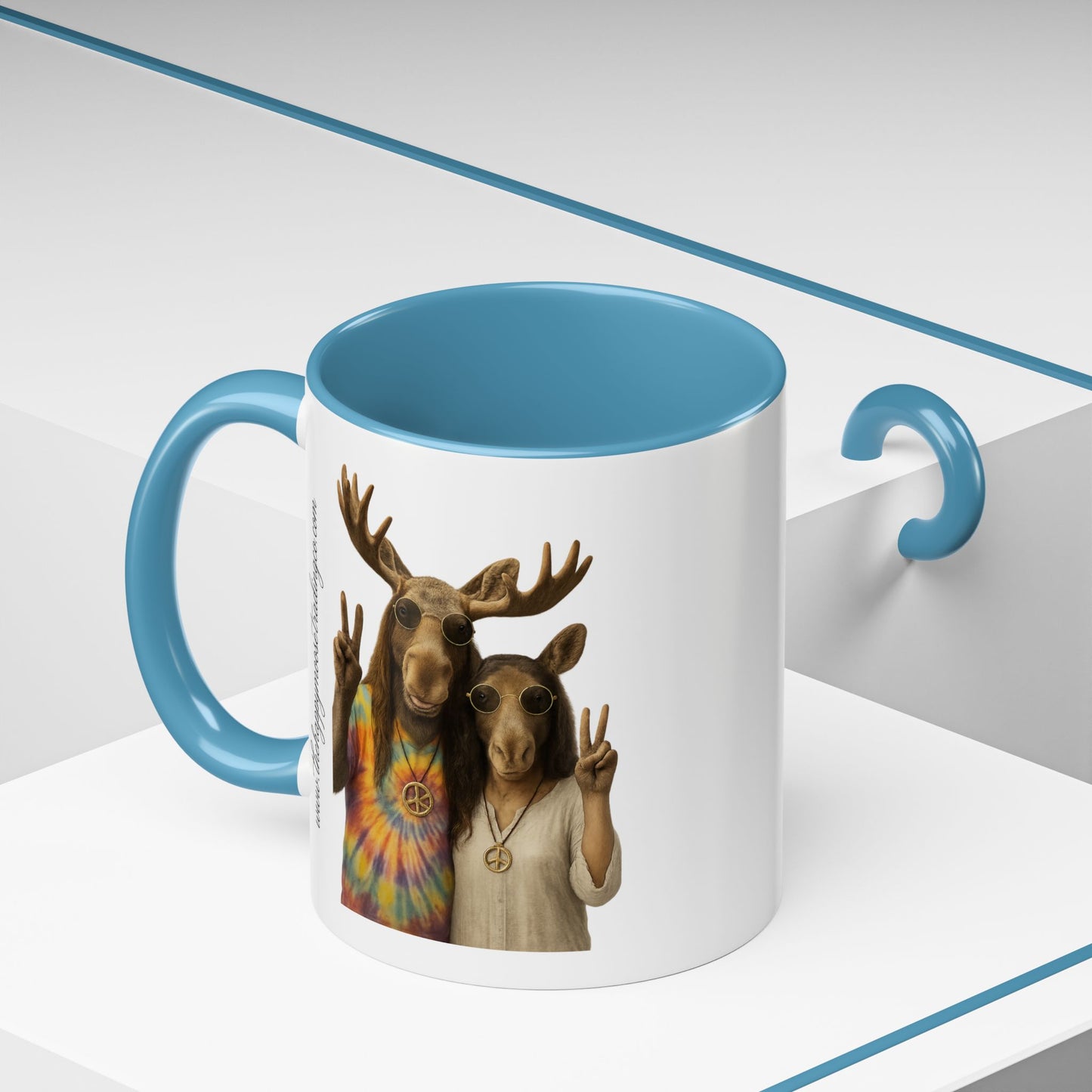 Peaceful Moose Couple Accent Coffee Mug — Hippie Tie-Dye Moose Peace Sign 11/15oz