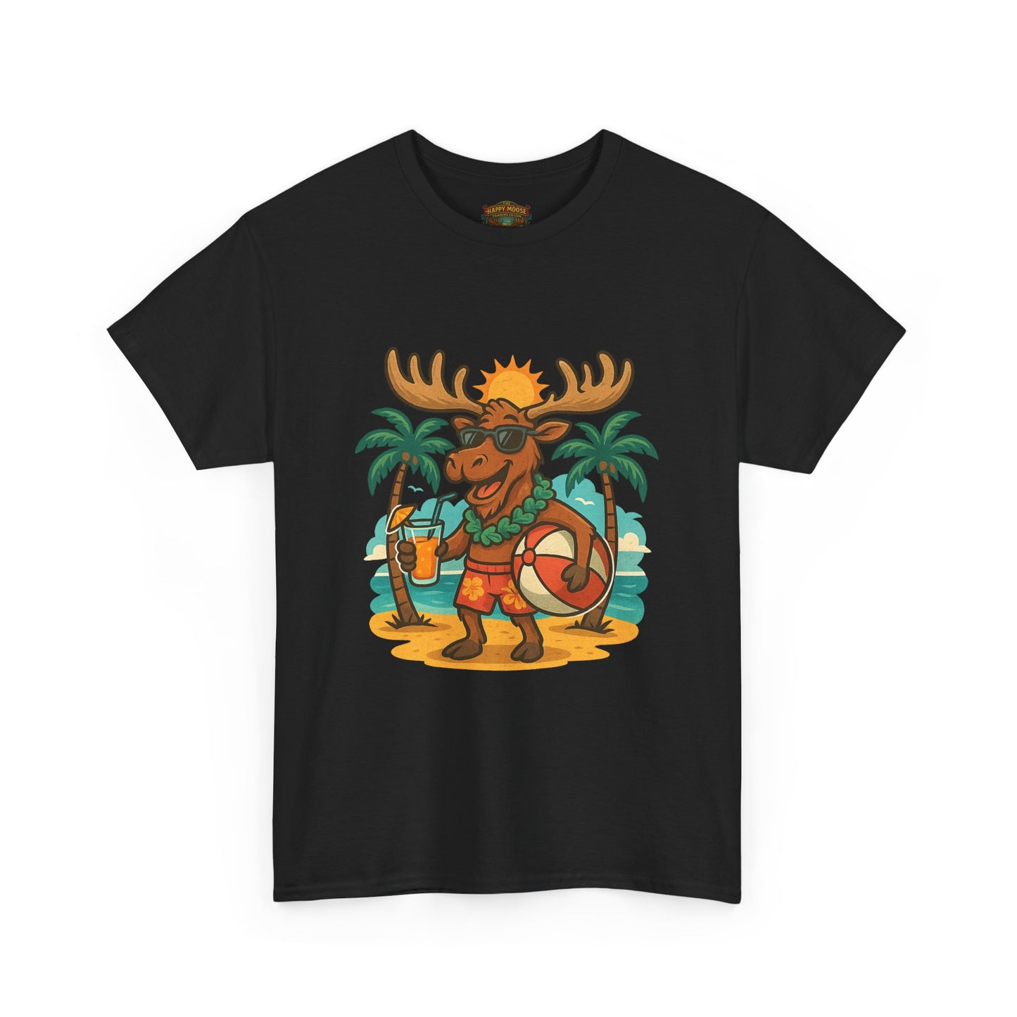 Moose on Vacation T-Shirt — Tropical Retro Moose with Sunglasses & Drink