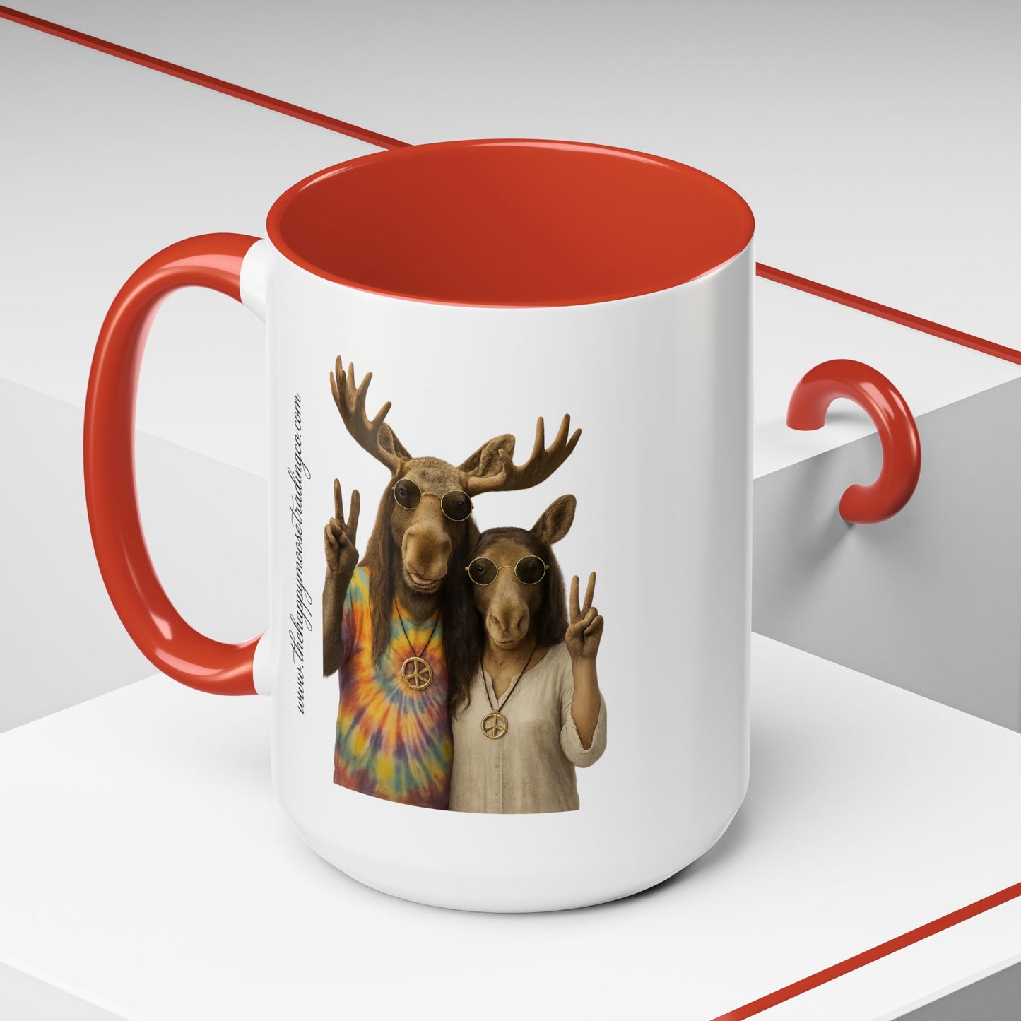 Peaceful Moose Couple Accent Coffee Mug — Hippie Tie-Dye Moose Peace Sign 11/15oz