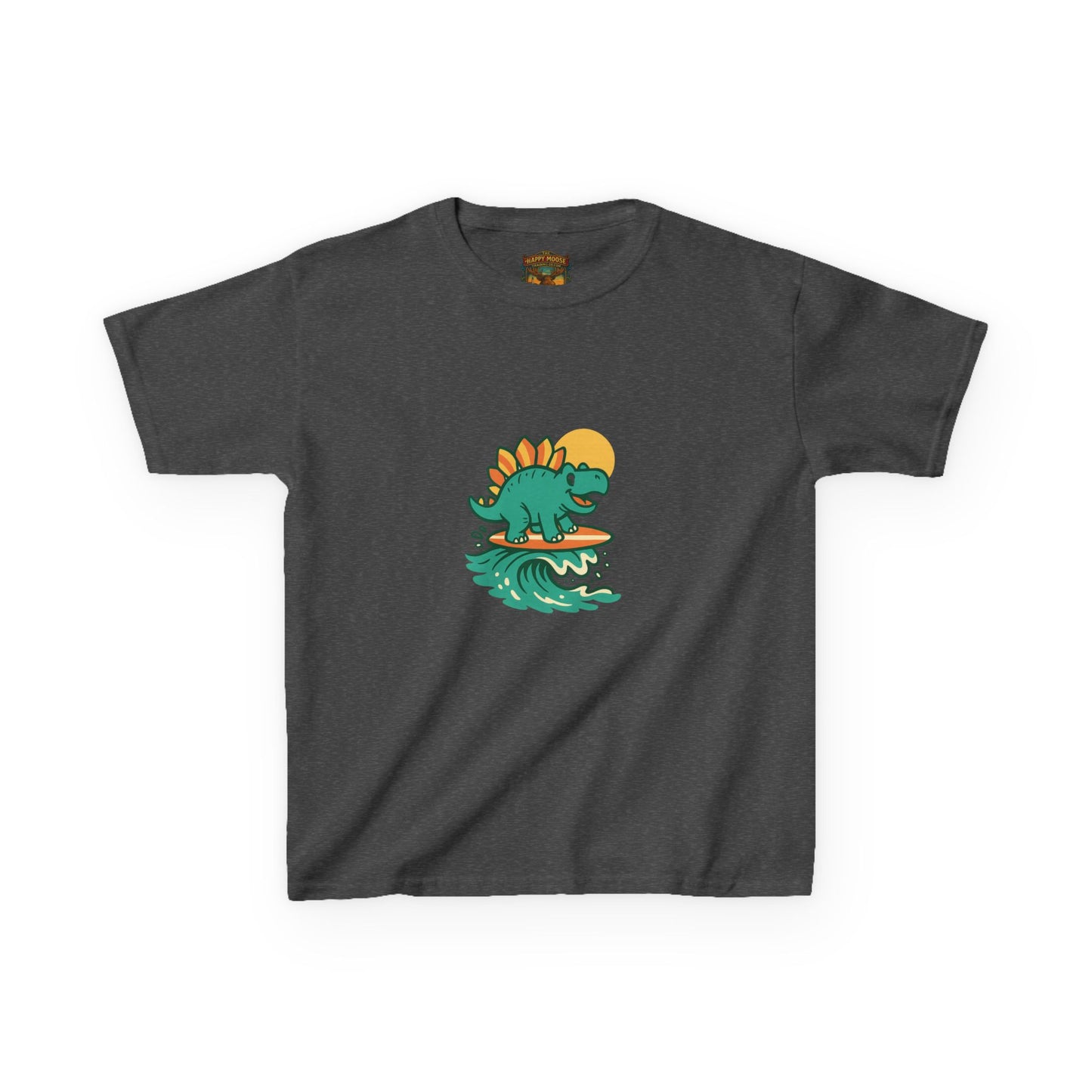 Kids Surfing Dinosaur T-Shirt — Cute Stegosaurus on Wave Graphic Tee