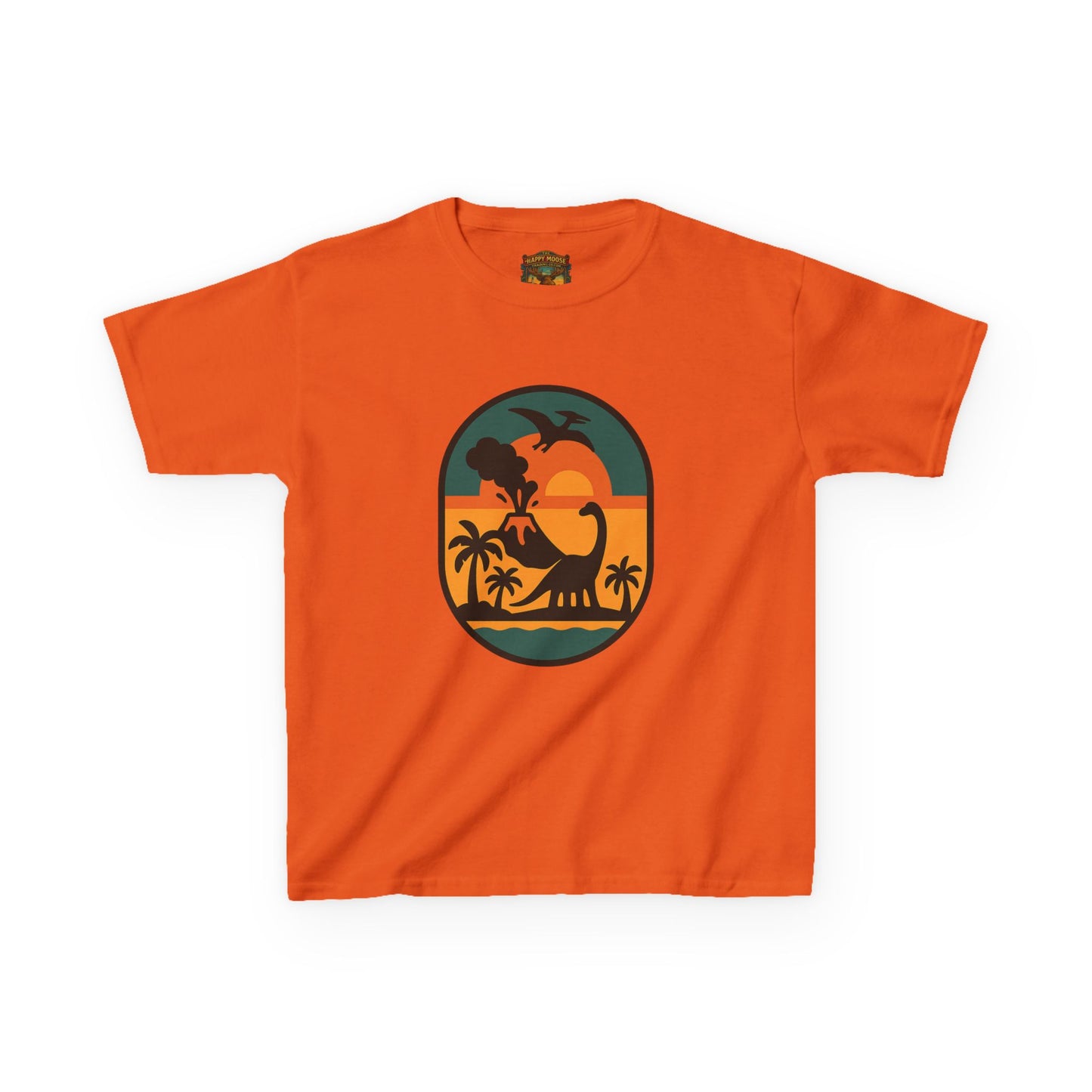 Kids T‑Shirt — Retro Tropical Dinosaur Sunset