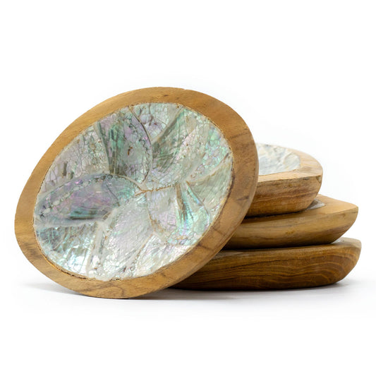 4er Set Teak Mini-Schalen mit Muscheldekor (sortiert)