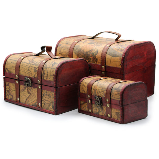 Old Map Chest - Set of 3.          20cm x 30cm x 20cm/15cm x 24cm x 15.5cm/10cm x 18cm x 10.5cm