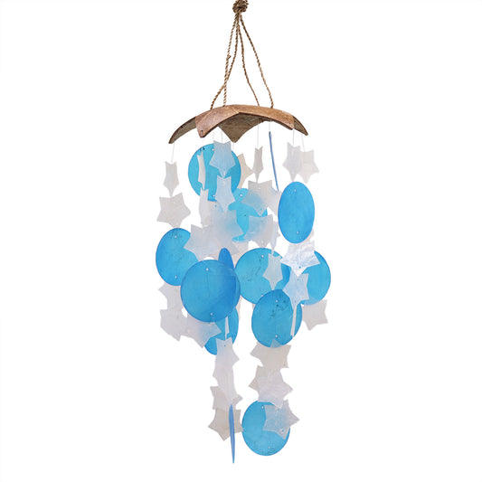 Windspiele aus Kokosnuss und Capiz – Blaue und weiße Sterne – 30 cm