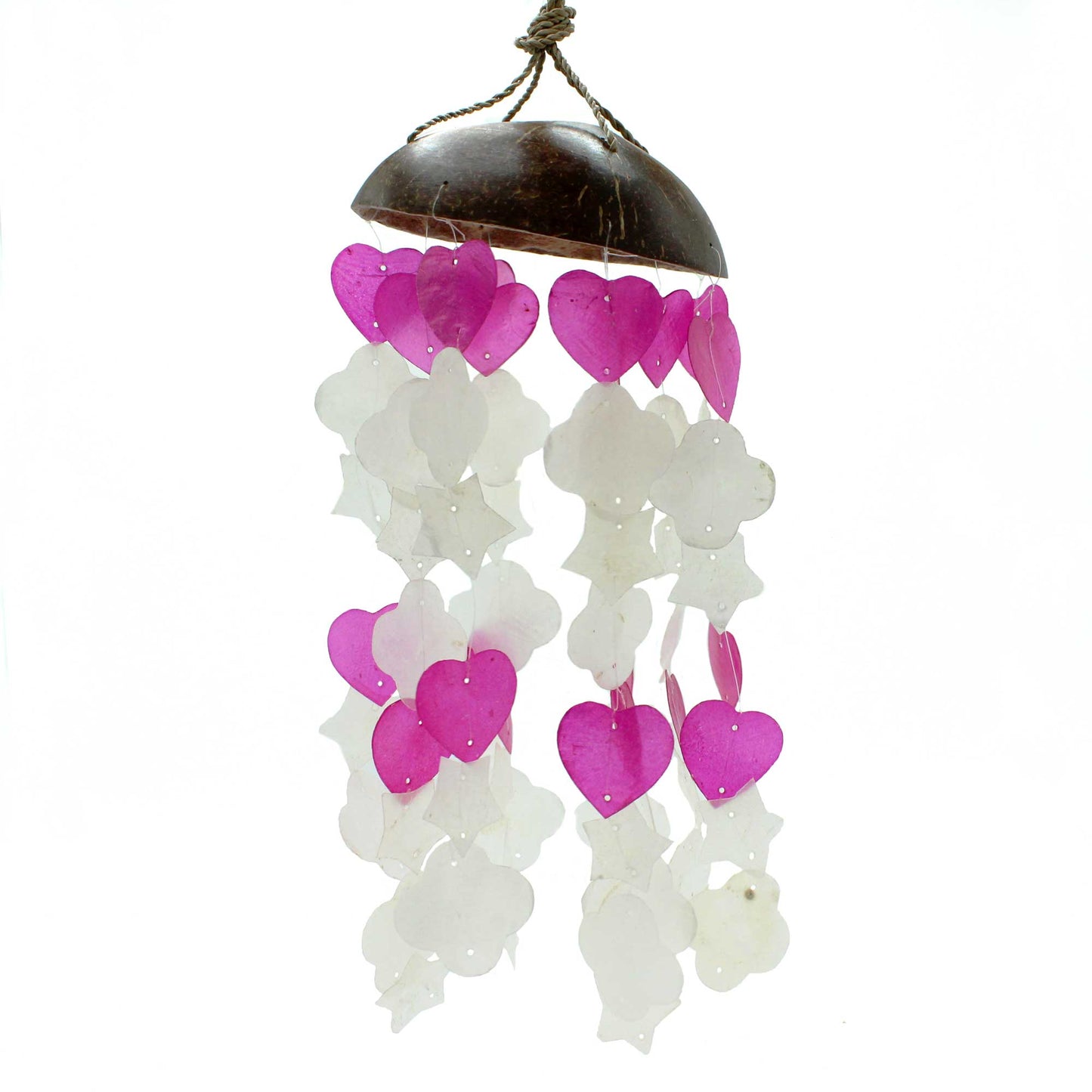 Windspiele aus Kokosnuss und Capiz – Rosa und Weiß, gemischte Formen – 35 cm