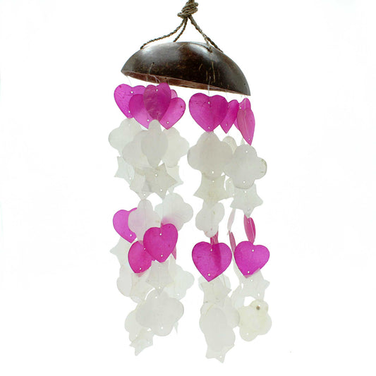 Windspiele aus Kokosnuss und Capiz – Rosa und Weiß, gemischte Formen – 35 cm