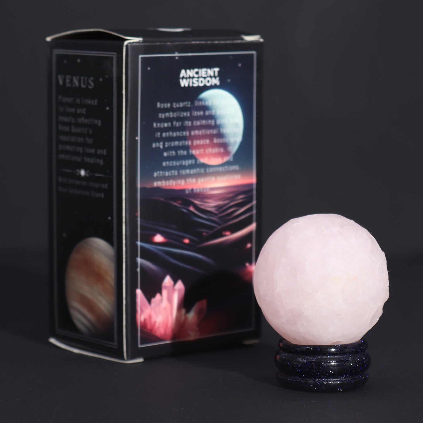 Rosenquarz-Planet auf einem Sola-Goldstone-Ständer (VENUS)