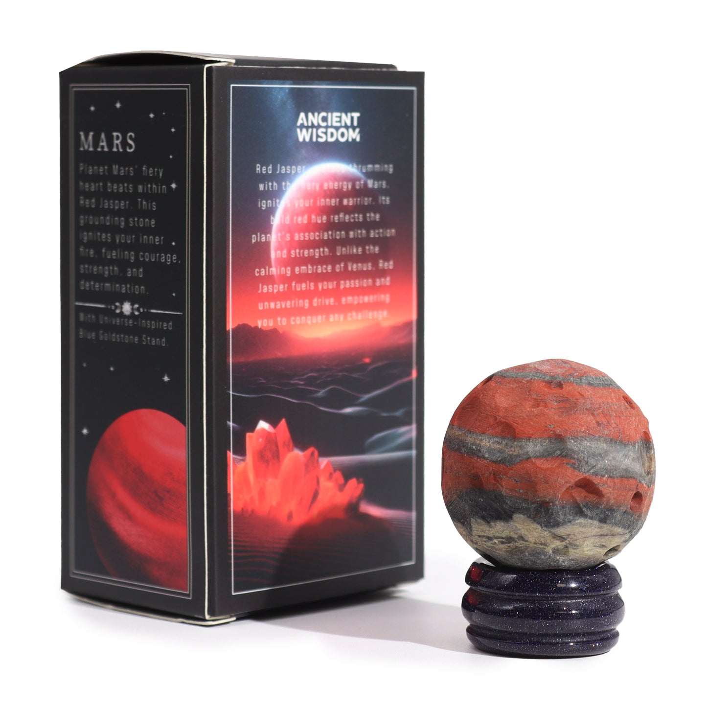 Roter Jaspis-Planet auf einem Sola-Goldstone-Ständer (MARS)