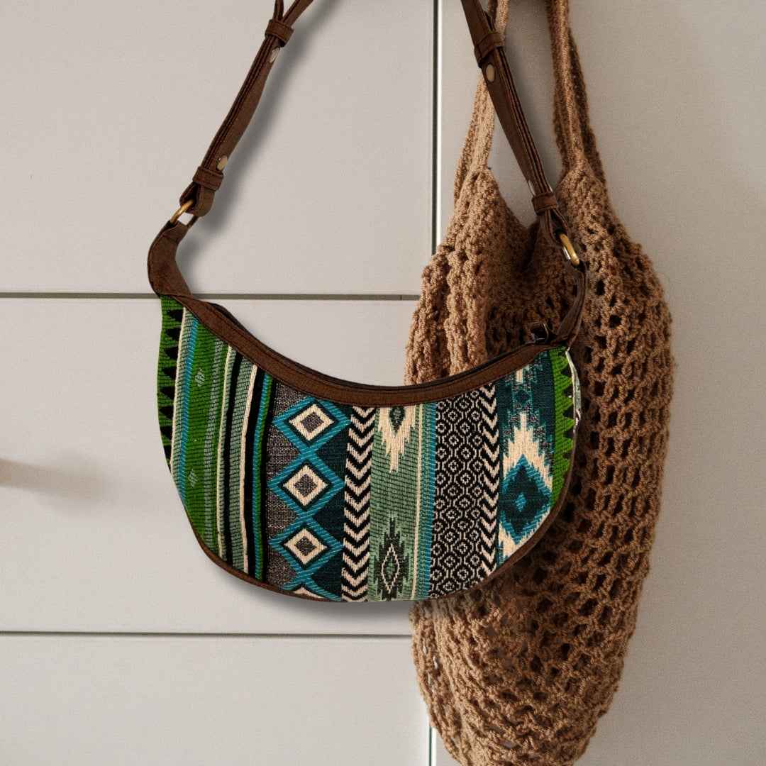 Jacquard Hobo Bag – Kräftiges Grün (brauner Riemen)