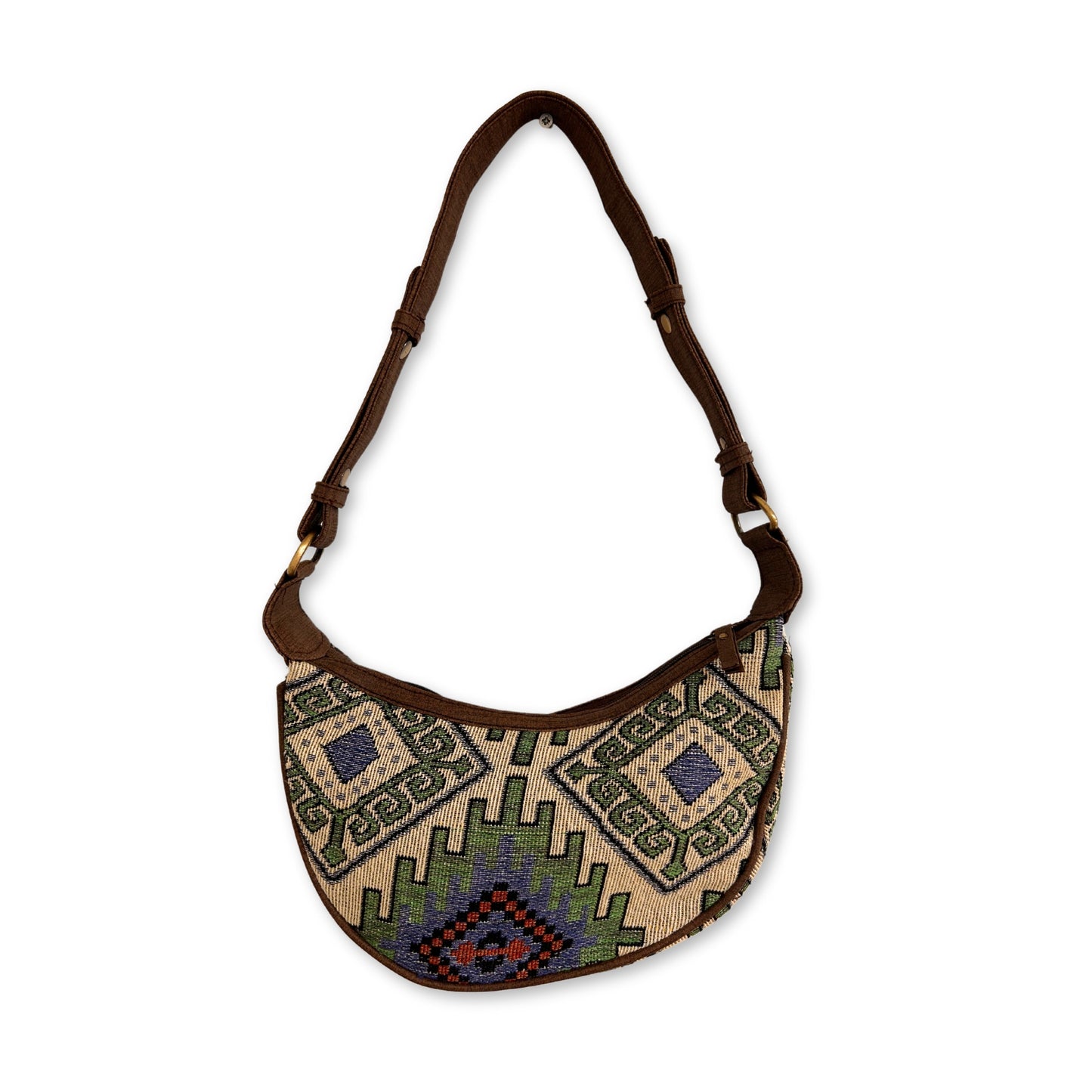 Jacquard-Hobo-Tasche – Geo-Geen (brauner Riemen)