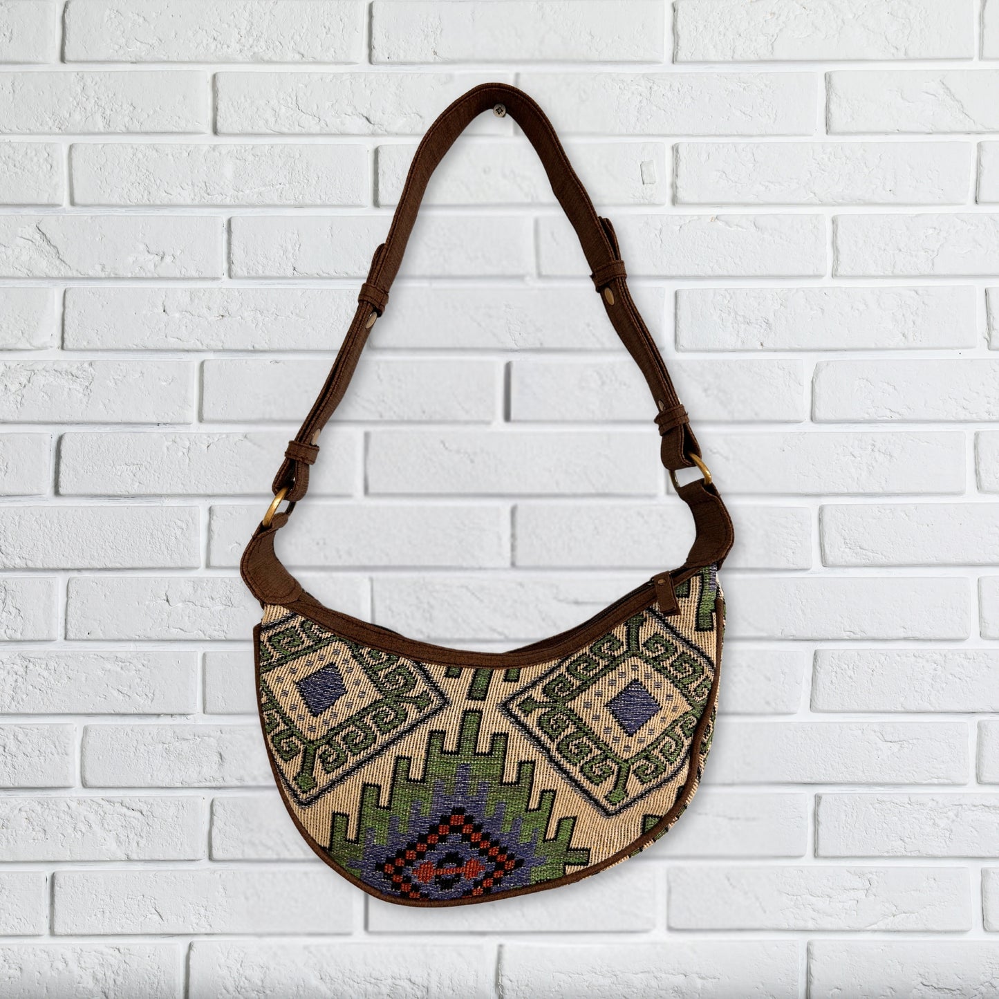 Jacquard-Hobo-Tasche – Geo-Geen (brauner Riemen)