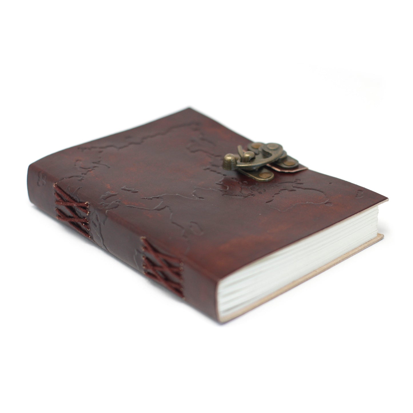 Notizbuch mit Weltkarte und Nähten aus Leder (7x5 Zoll)