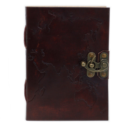 Notizbuch mit Weltkarte und Nähten aus Leder (7x5 Zoll)