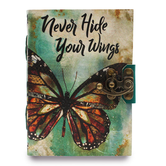 Leder-Notizbuch „Never Hide Your Wings“ mit Büttenrand (7x5 Zoll)