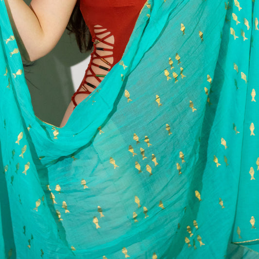 Nomad Sari On the Med Collection - Pareo - Turquoise & Gold Fish Design
