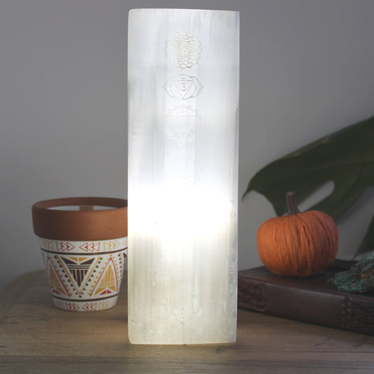 Selenit-Blocklampe 25cm - Chakra-Lampe