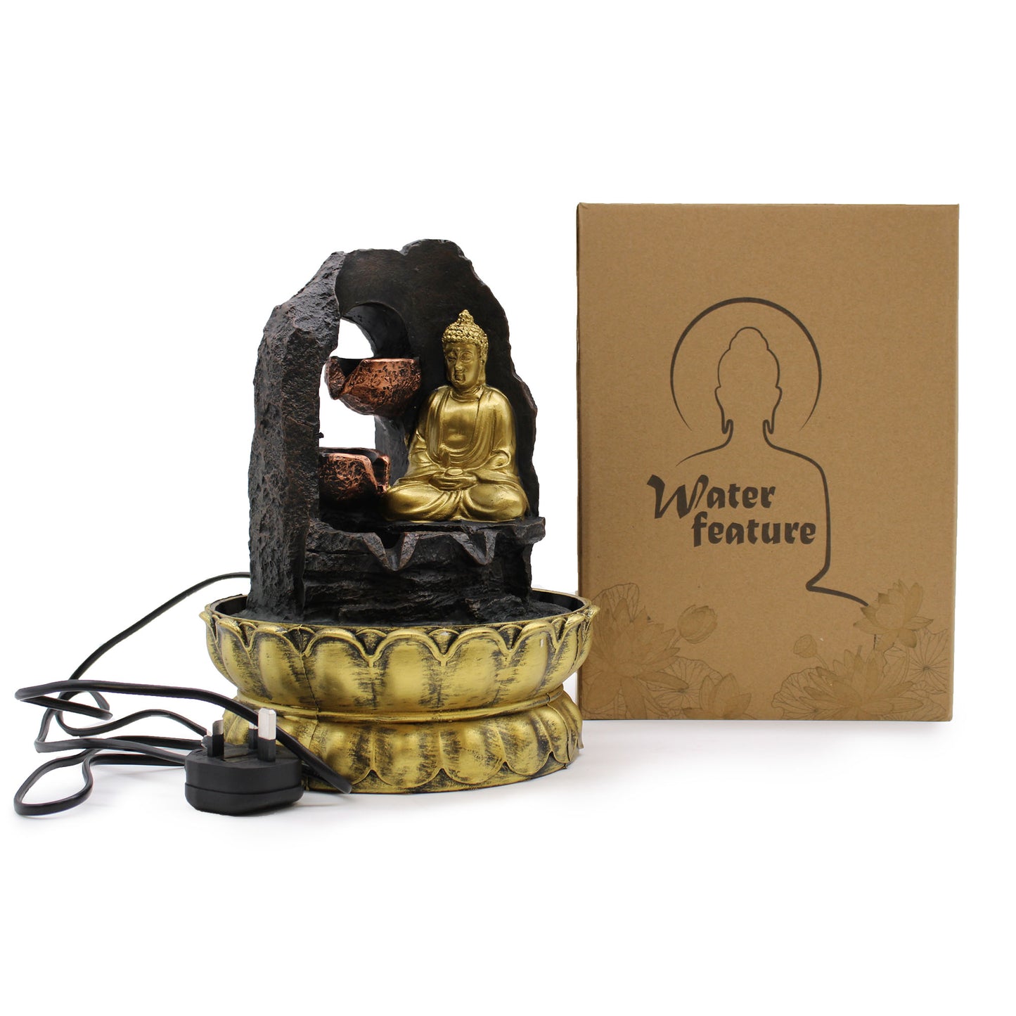 Tisch-Wasserspiel – 30 cm – Goldener meditierender Buddha