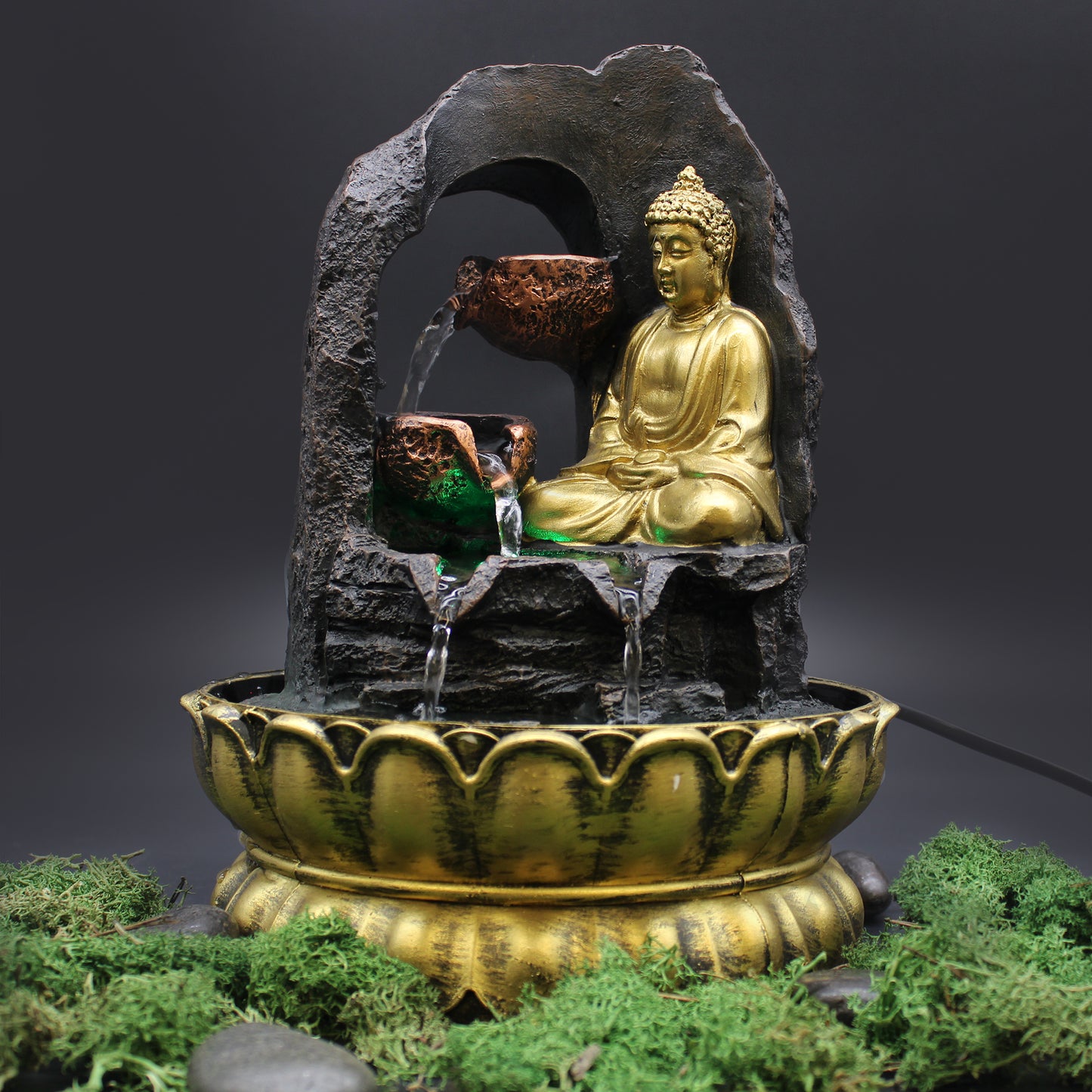 Tisch-Wasserspiel – 30 cm – Goldener meditierender Buddha