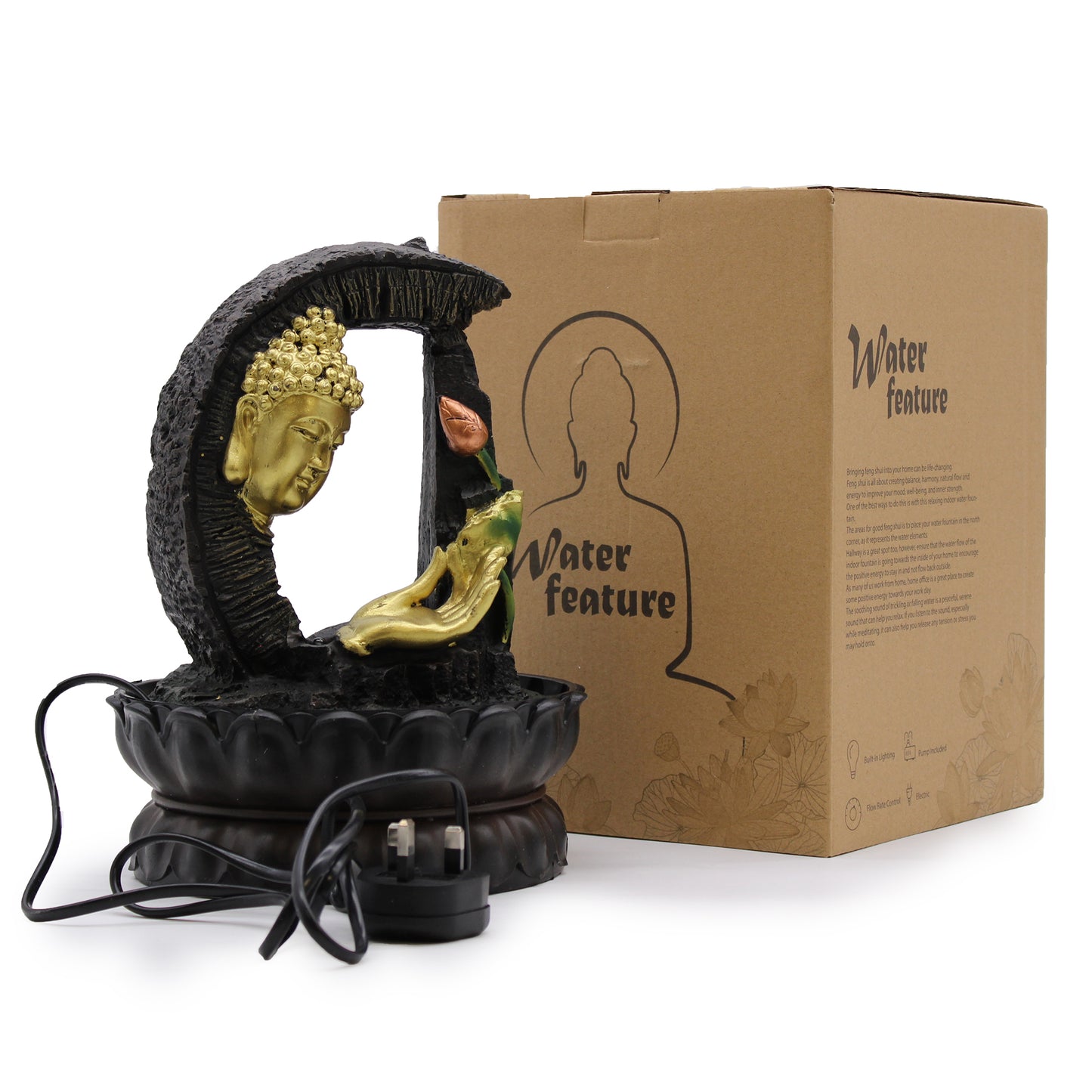 Tisch-Wasserspiel – 30 cm – Goldener Buddha und Lotus